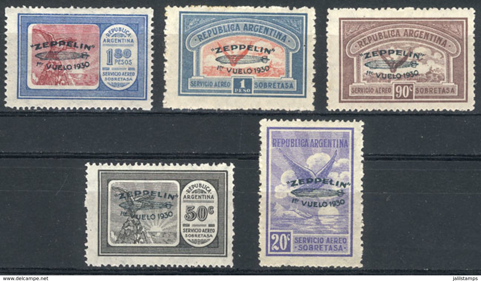 ARGENTINA: GJ.665/669, 1930 Zeppelin With GREEN Overprint, Complete Set Of 5 Mint Value, VF Quality, Catalog Value US$70 - Luftpost