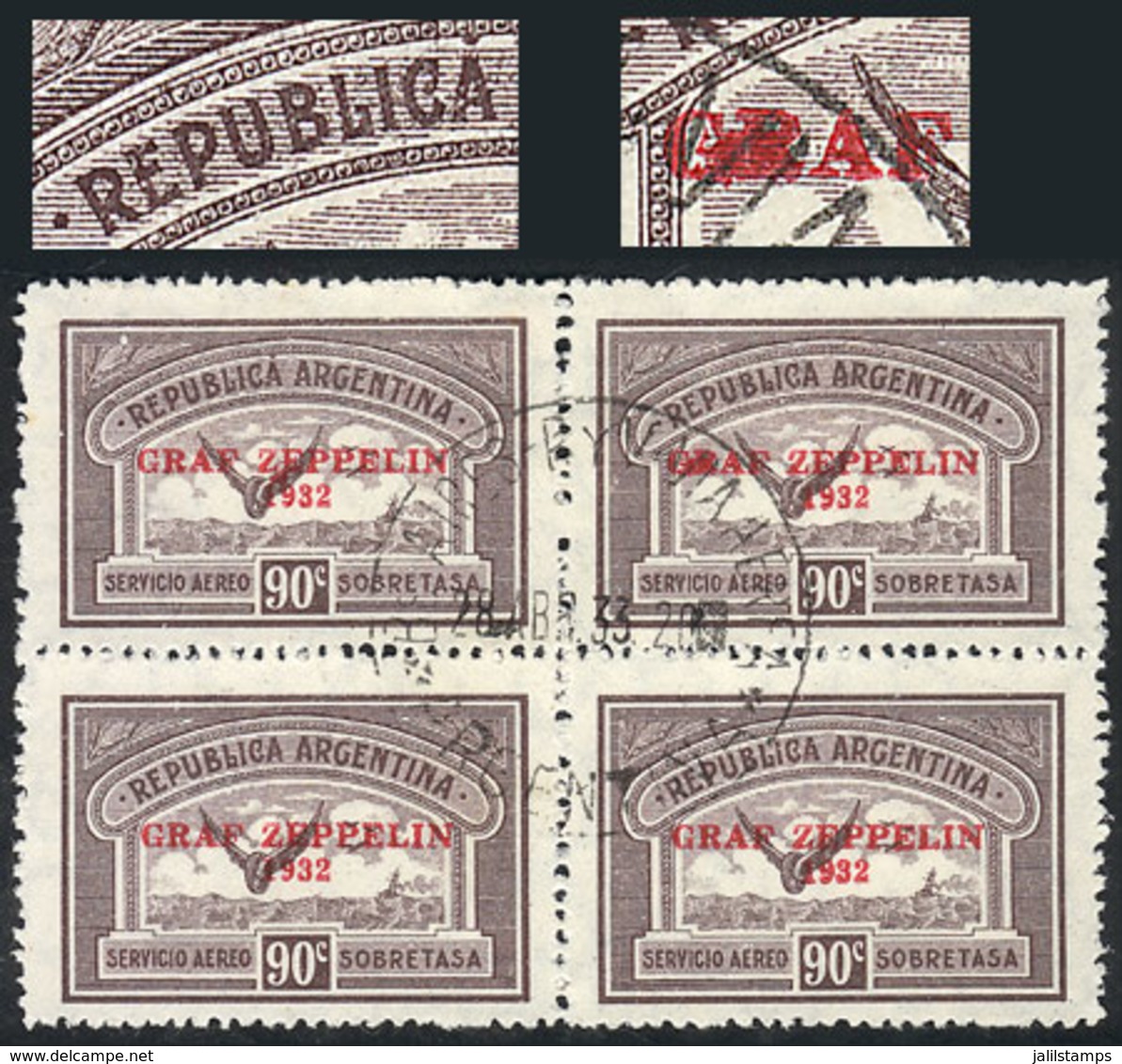 ARGENTINA: GJ.722a + Var., 1932 90c. Zeppelin, Used Block Of 4 With Varieties: "REPUBLICÁ" (GJ.722a, Position 11) + "Ink - Aéreo