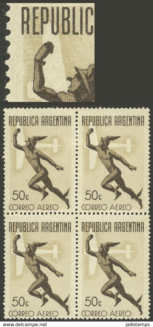 ARGENTINA: GJ.864b, 50c. Mercury Without Watermark, Block Of 4, One With Variety "Fake Nose And Wristband", VF" - Luftpost