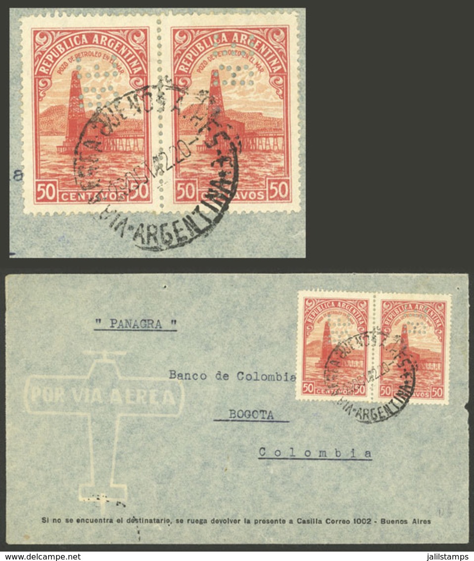 ARGENTINA: Cover Used In 1942, Franked With Pair 50c. Petroleum With "BE" Perfin Of Banco Español, VF!" - Otros & Sin Clasificación