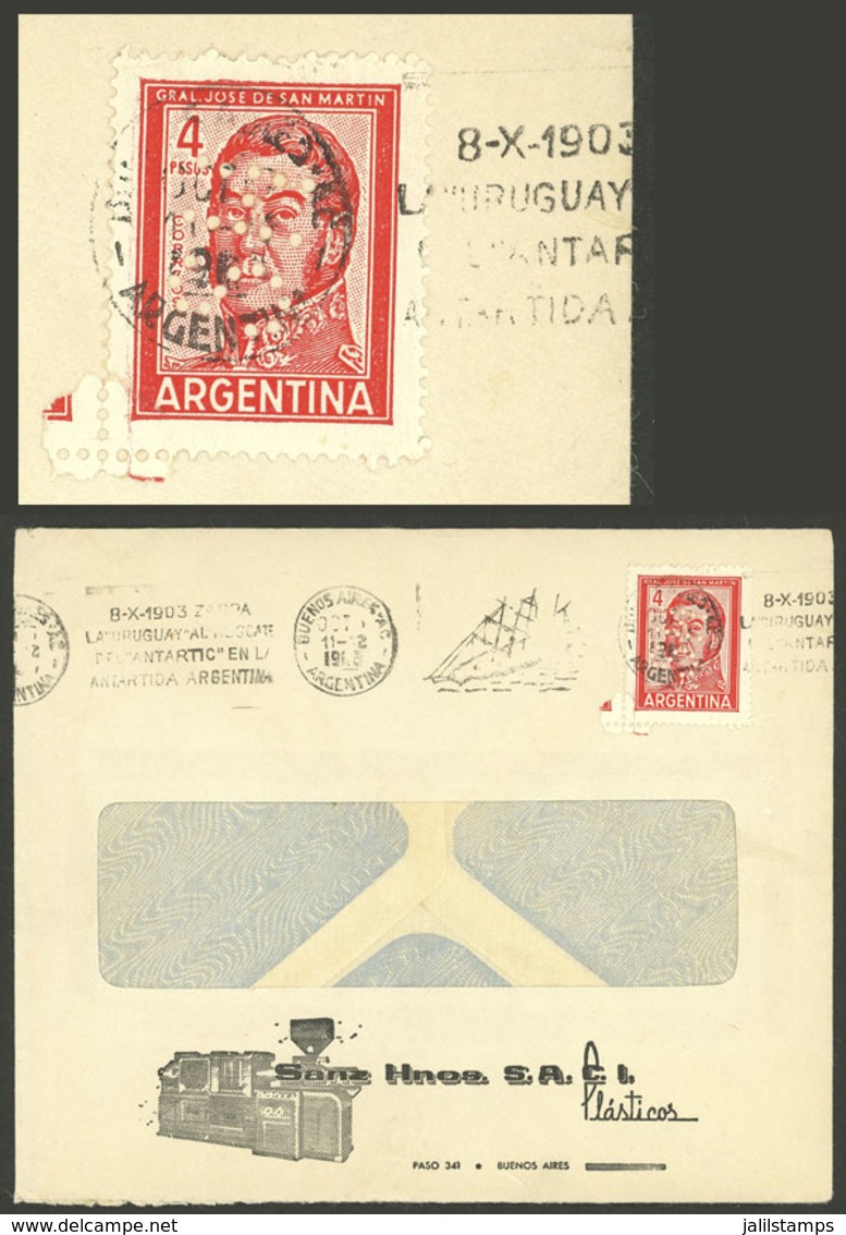 ARGENTINA: Cover Used In 1955 Franked With 4P. San Martín With "SH" Perfin Of Sanz Hnos., VF Quality!" - Sonstige & Ohne Zuordnung