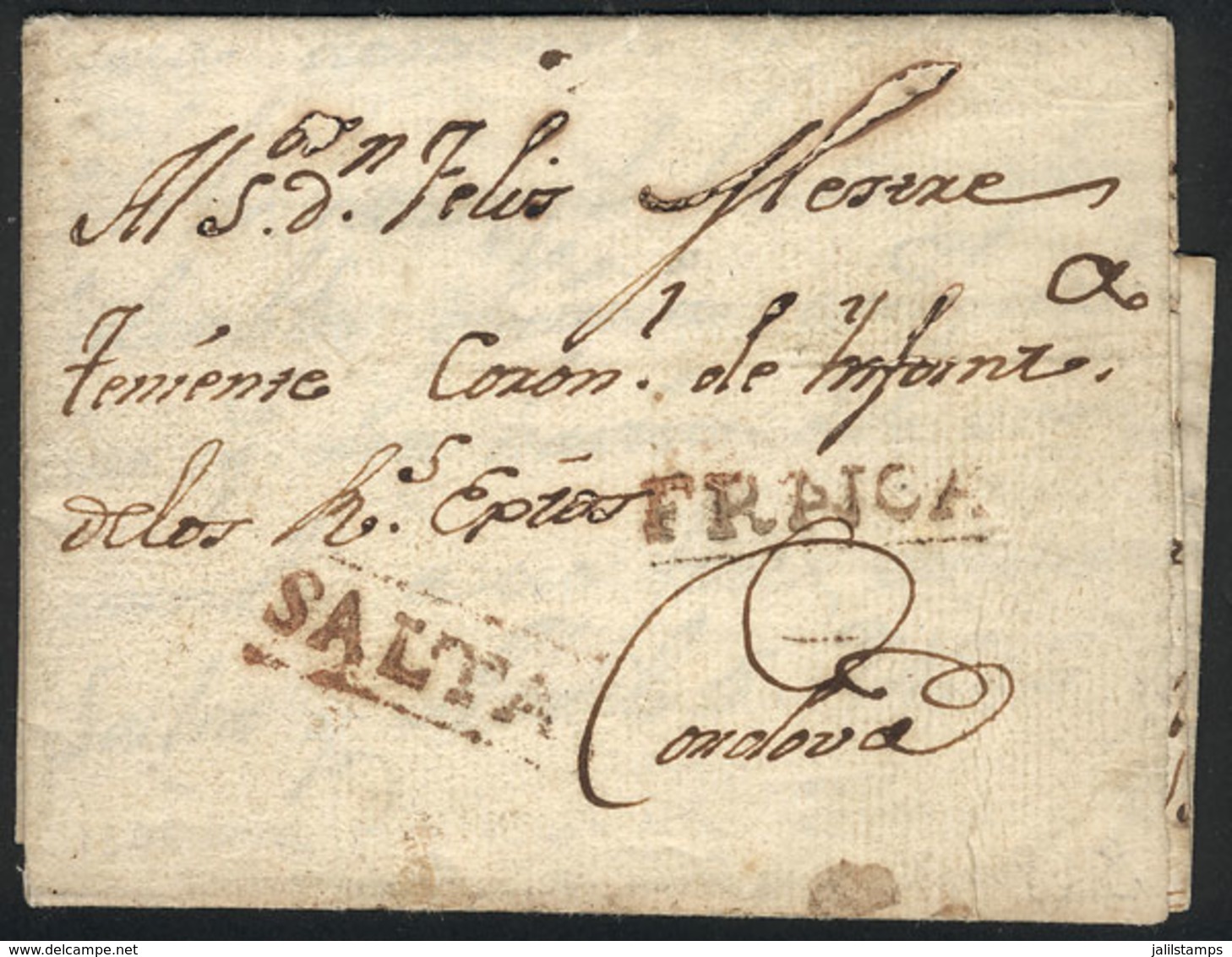 ARGENTINA: 5/AP/1806 Entire Letter To Córdoba In The Colonial Period, With The Marks SALTA And FRANCA Very Well Applied  - Vorphilatelie