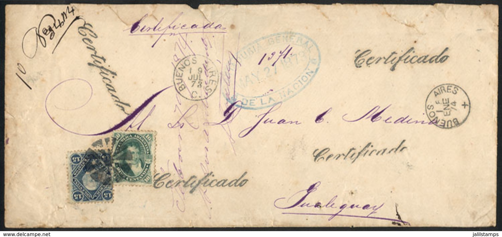 ARGENTINA: Registered Cover Franked By GJ.39 + 41 (total 35c.) With Mute "circle Of 10 Wedges With Center" Cancel, Along - Vorphilatelie