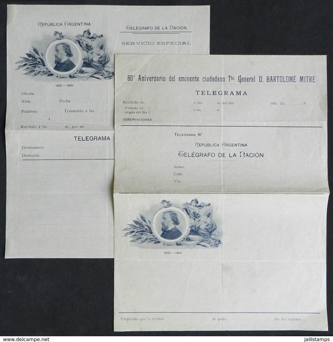 ARGENTINA: Forms For SPECIAL TELEGRAMS Commemorating The 80th Anniversary Of Gral. Bartolomé Mitre, Year 1901, VF Qualit - Vorphilatelie