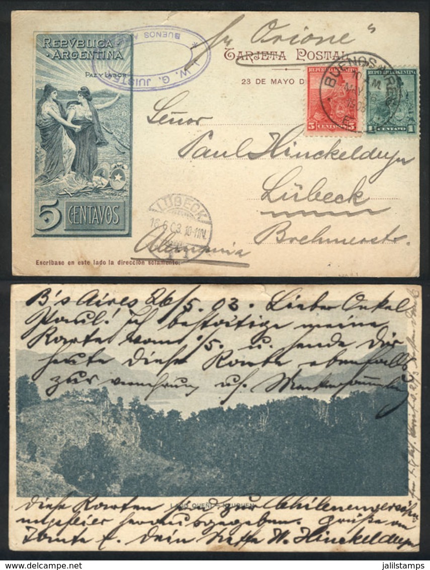 ARGENTINA: 5c. Postal Card Illustrated On Back (Queñi Lake - Neuquén) + Liberty 1c. + 5c. (total Postage 11c.), Sent Fro - Vorphilatelie