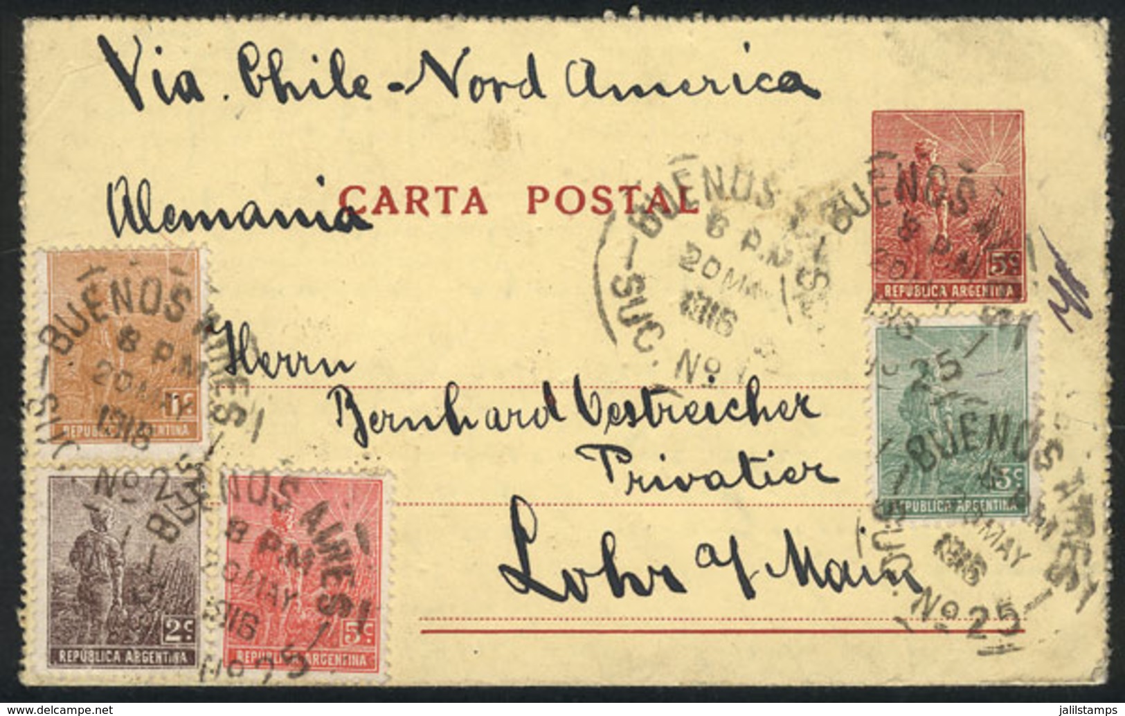 ARGENTINA: 5c. Plowman Lettercard With Multicolor Additional Postage (total 16c.), Sent From Buenos Aires To Germany On  - Vorphilatelie