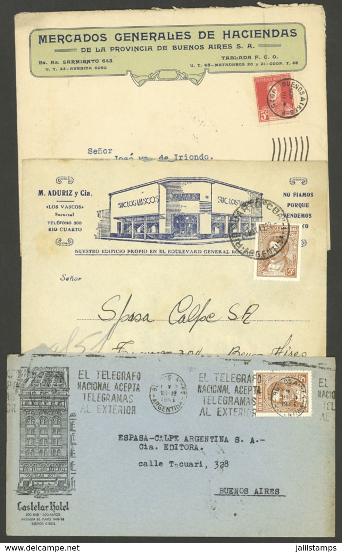 ARGENTINA: 3 Covers Used Between 1925 And 1943, All With Printed Advertising: Hotel Castelar (Buenos Aires), Confitería  - Vorphilatelie