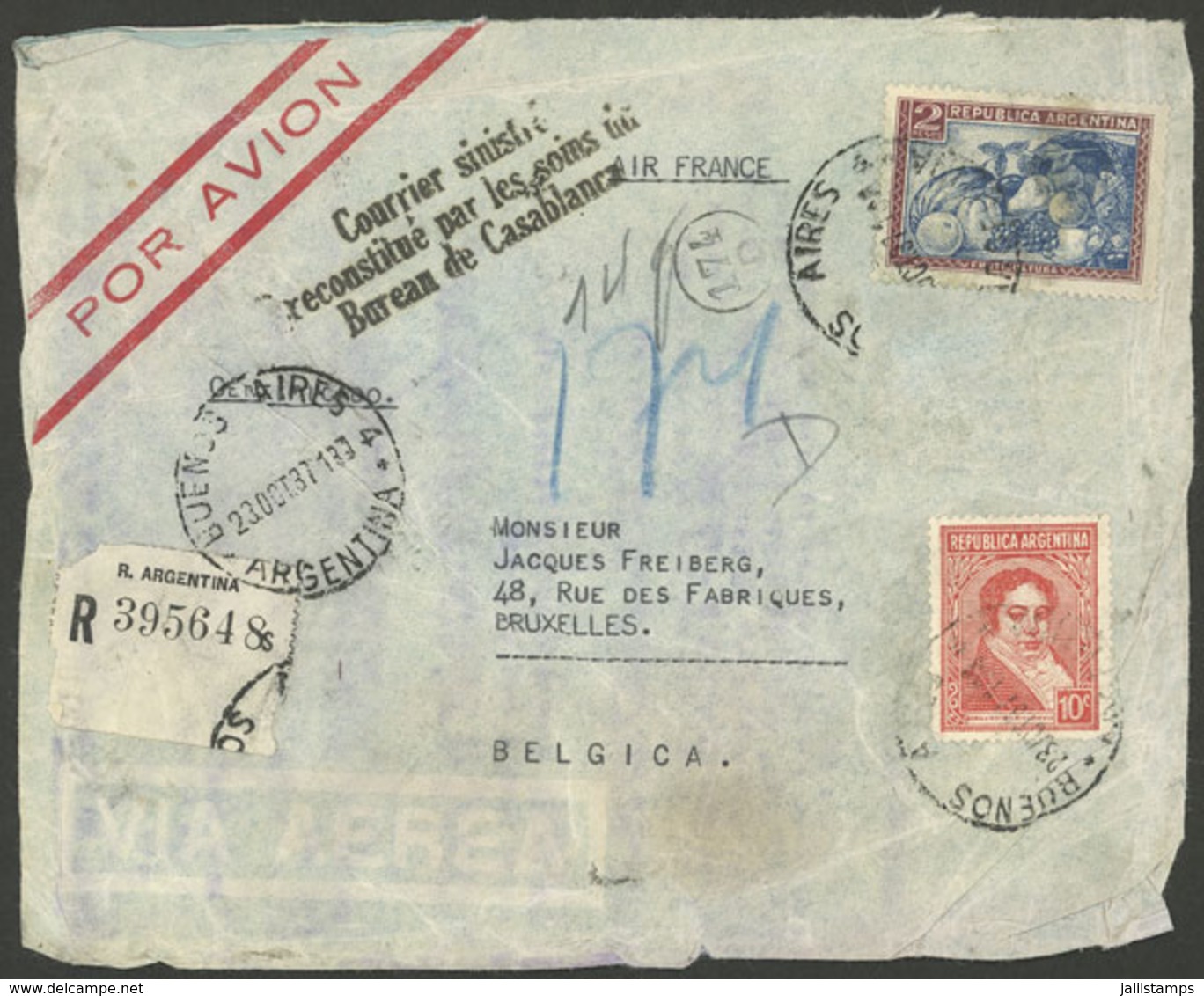 ARGENTINA: CRASH COVER: Airmail Cover Sent From Buenos Aires To Belgium On 23/OC/1937, Crashed In Casablanca, With Evide - Vorphilatelie