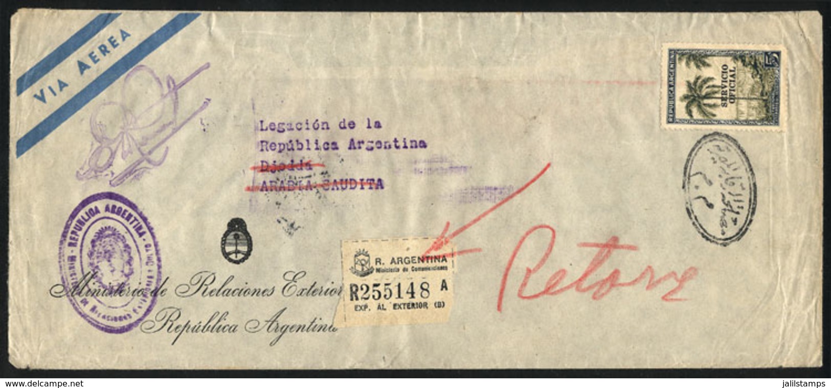 ARGENTINA: Airmail Cover Posted By The Ministry Of Foreign Affairs To SAUDI ARABIA In MAR/1951 And Returned To Sender, O - Vorphilatelie