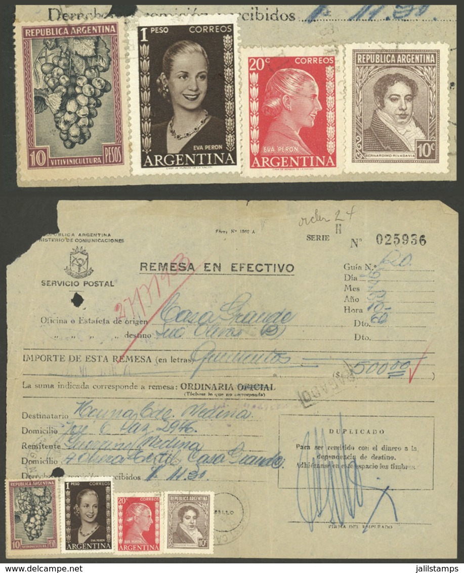 ARGENTINA: Very Attractive Postage Of 11.30P. On A Money Order Of 25/JUL/1953, Combining Stamps Of Próceres & Riquezas I - Vorphilatelie