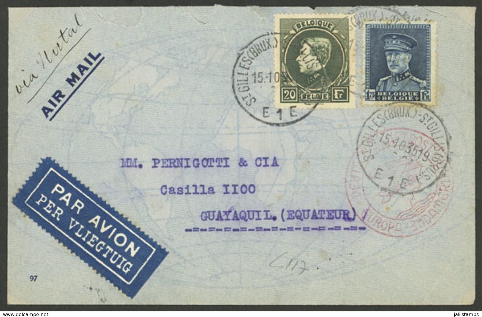 BELGIUM: 15/OC/1935 St.Gilles - Ecuador, Airmail Cover Flown By German DLH Franked With 21.75Fr., And Arrival Backstamp  - Briefe U. Dokumente