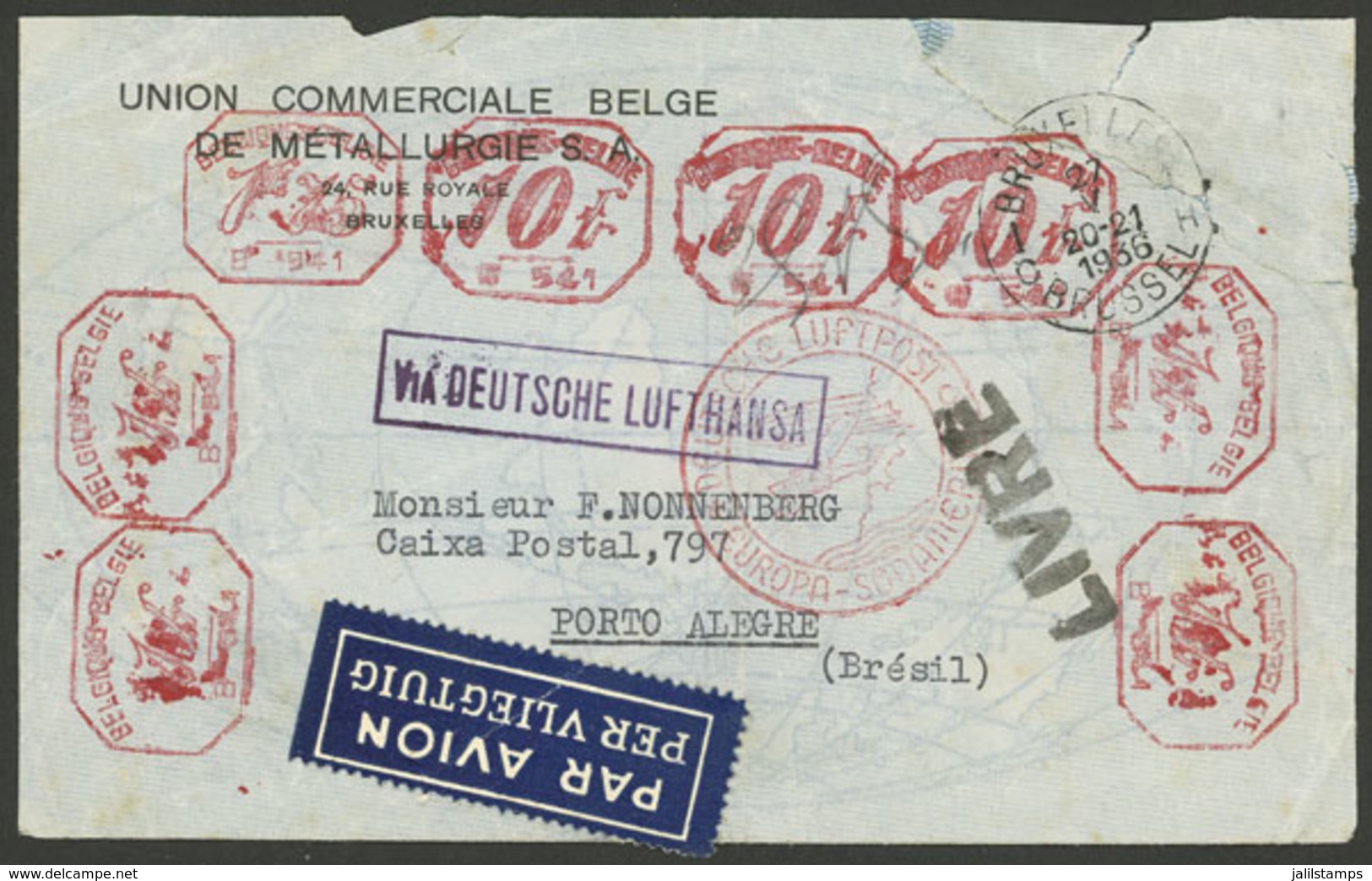 BELGIUM: 27/JUL/1936 Bruxelles - Brazil, Airmail Cover Flown By German DLH With Multiple Meter Stamps (35.75Fr.), With R - Briefe U. Dokumente
