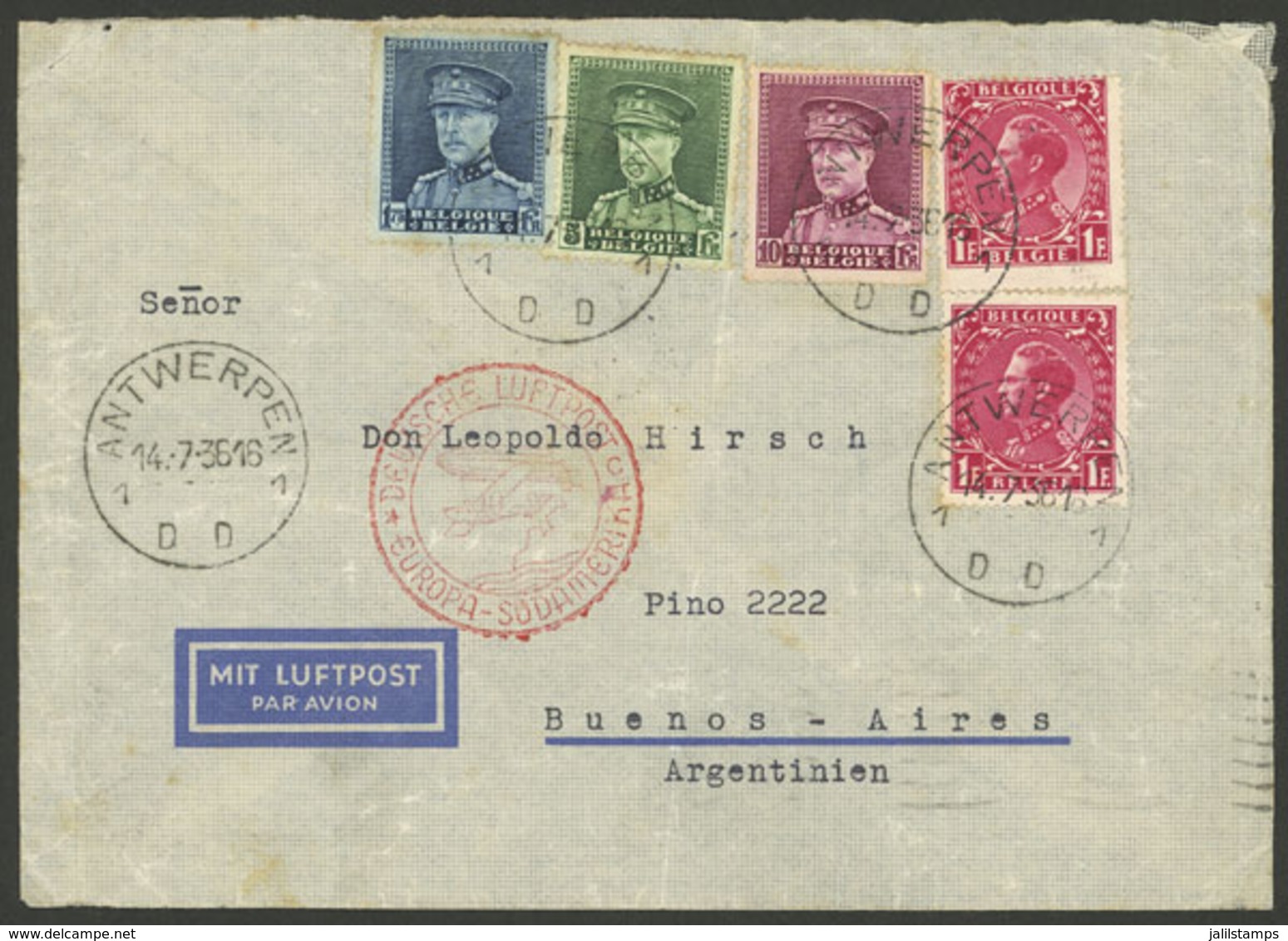 BELGIUM: 14/JUL/1936 Antwerpen - Argentina, Airmail Cover Sent By German DLH Franked With 18.75Fr., On Back Transit Mark - Briefe U. Dokumente