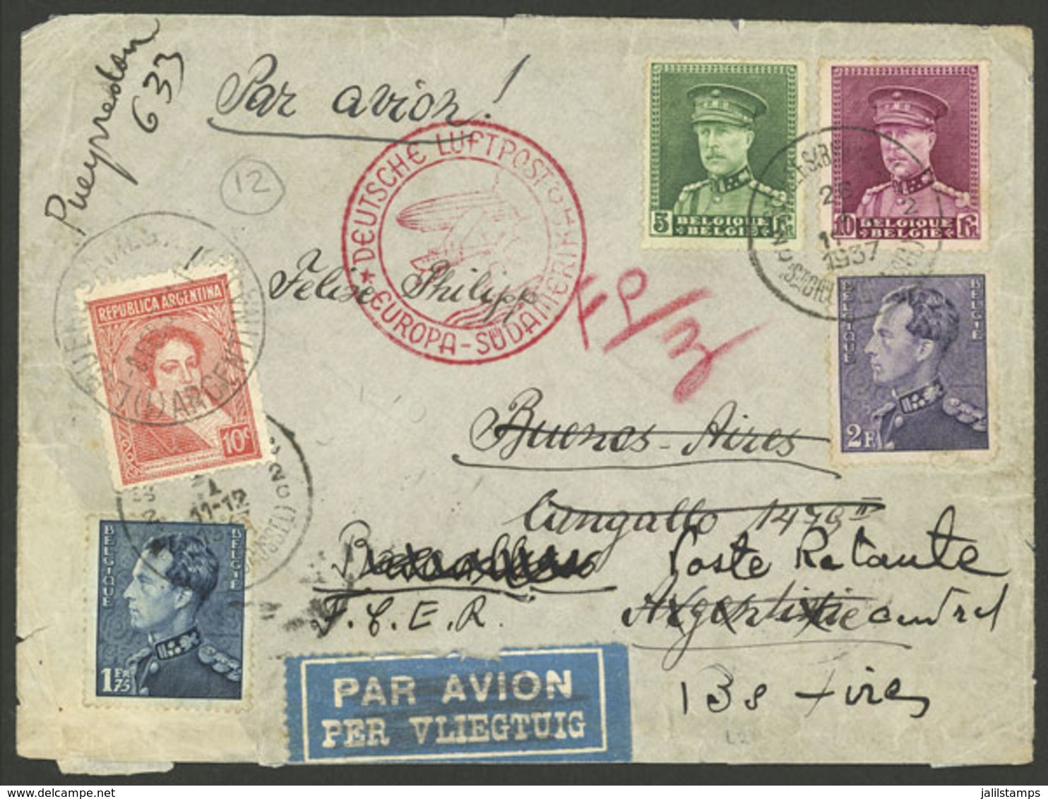 BELGIUM: MIXED POSTAGE: Airmail Cover Sent From Bruxelles To Basavilbaso (Entre Ríos, Argentina) On 26/JA/1937  By Germa - Briefe U. Dokumente