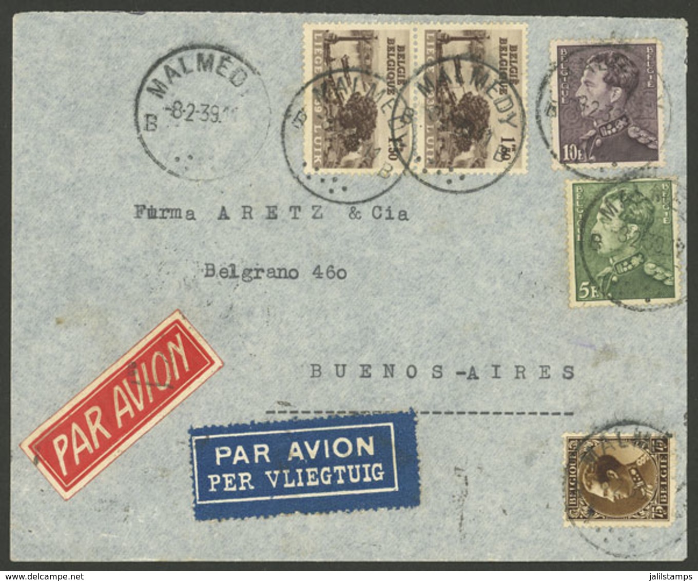 BELGIUM: 8/FE/1939 Malmedy - Argentina, Airmail Cover Franked With 18.75Fr., Arrival Backstamp Of 12/FE, VF! - Briefe U. Dokumente