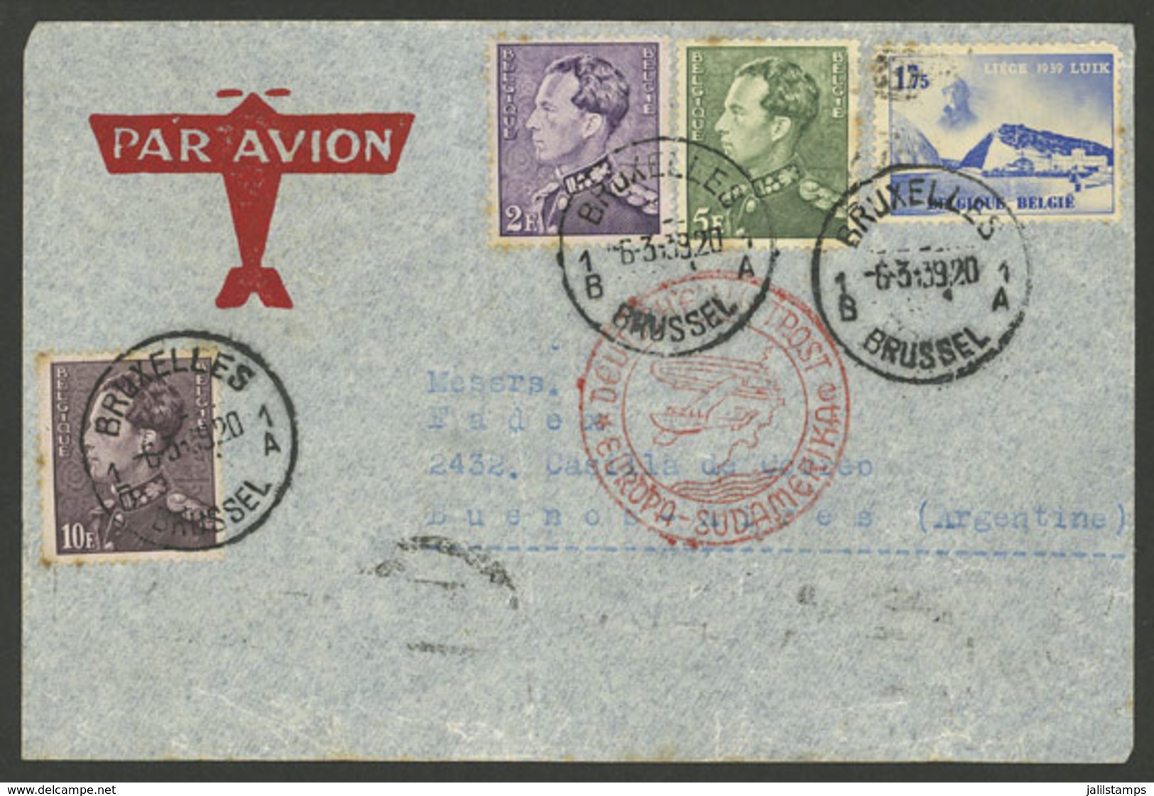 BELGIUM: 6/MAR/1939 Bruxelles - Argentina, Airmail Cover Sent By German DLH Franked With 18.75Fr., Arrival Backstamp Of  - Briefe U. Dokumente