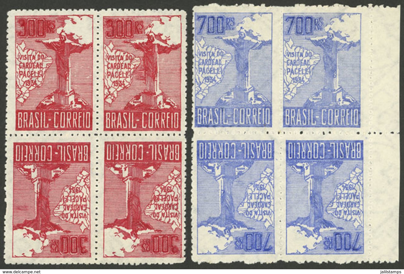 BRAZIL: Sc.392a + 393a, 1934 Visit Of Cardinal Pacelli, Tete-beche Blocks Of 4, The Low Value With Tiny Hinge Mark, Bare - Sonstige & Ohne Zuordnung