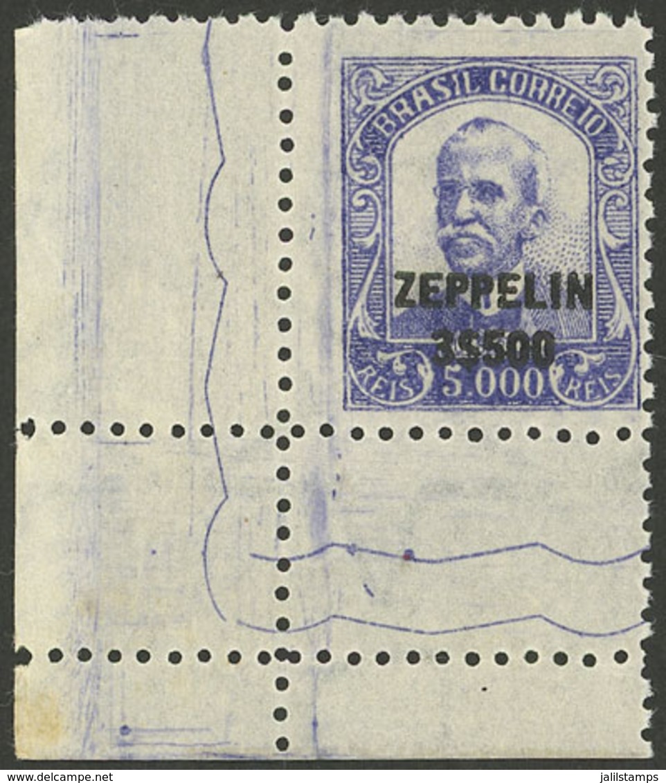 BRAZIL: Sc.C29, 1932 Zeppelin 3.500r, Corner Single, MNH, With Double Perforation Below Producing A Small Label, VF - Luchtpost