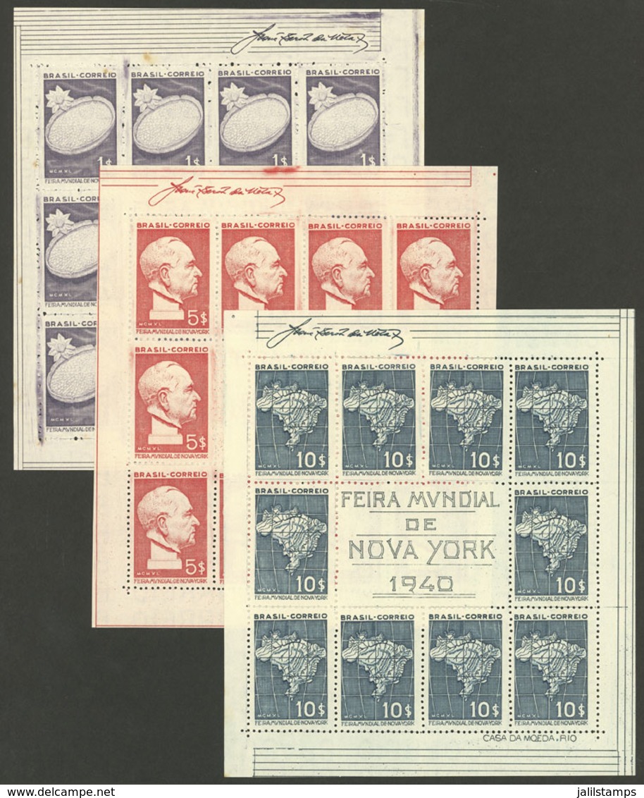 BRAZIL: Sc.496a/498a, 1940 New York World Fair, Complete Set Of 3 S.sheets Issued Without Gum. The Low Value (with A Cat - Blocks & Kleinbögen