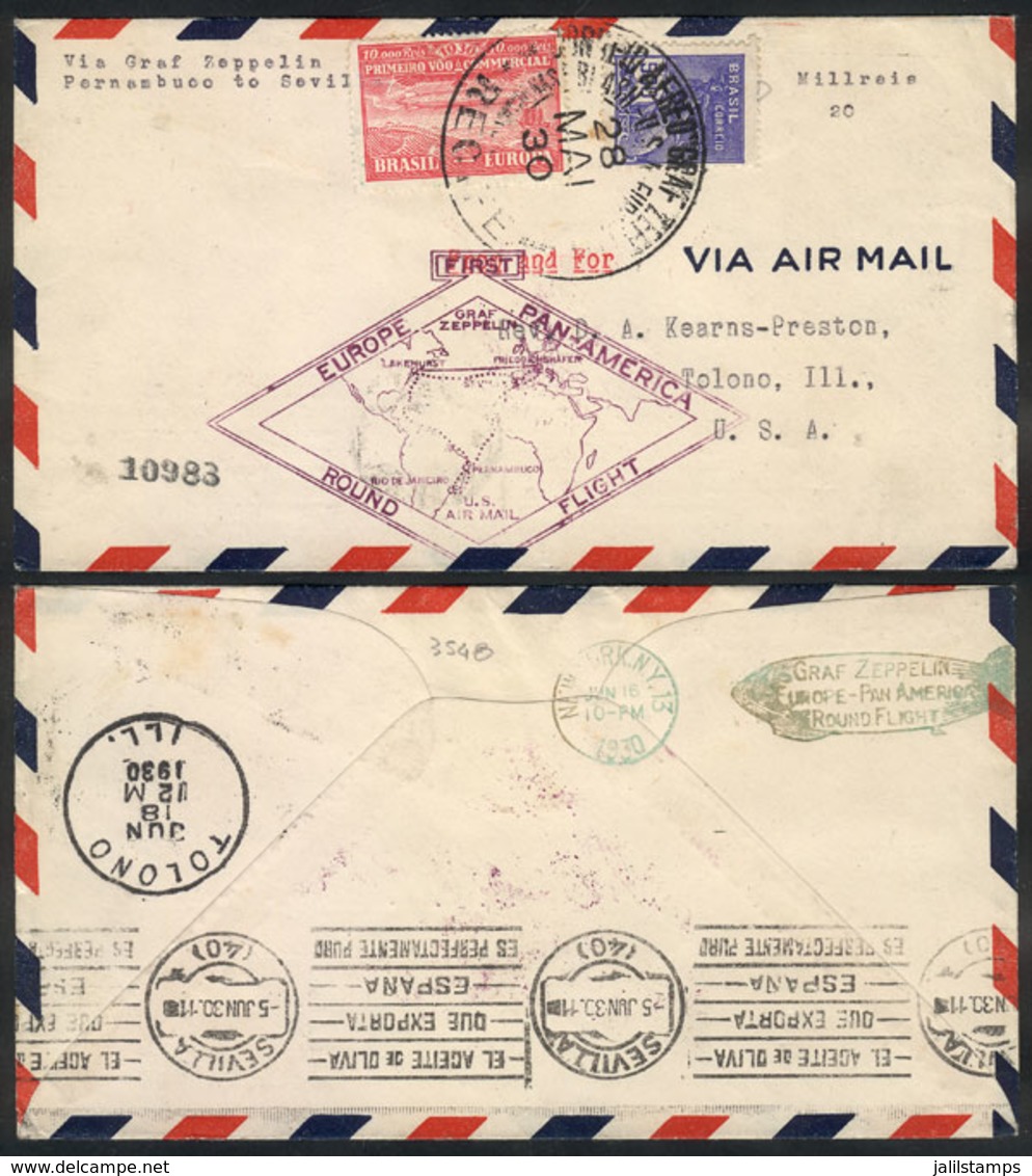 BRAZIL: 28/MAY/1930 Rio De Janeiro - Spain - USA: Cover Flown By Zeppelin On "Europe Pan-America Round Flight", With Tra - Briefe U. Dokumente