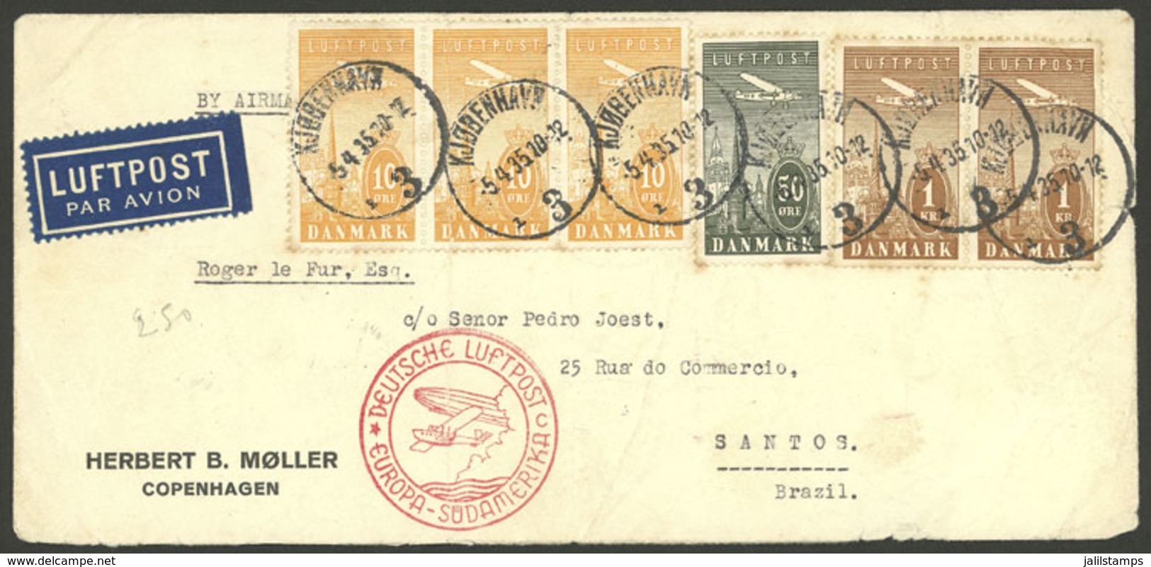 DENMARK: 5/AP/1935 Kjobenhavn - Brazil, Airmail Cover Franked With 2.80Kr. Sent By Germany DLH, On Back Transit Mark Of  - Briefe U. Dokumente