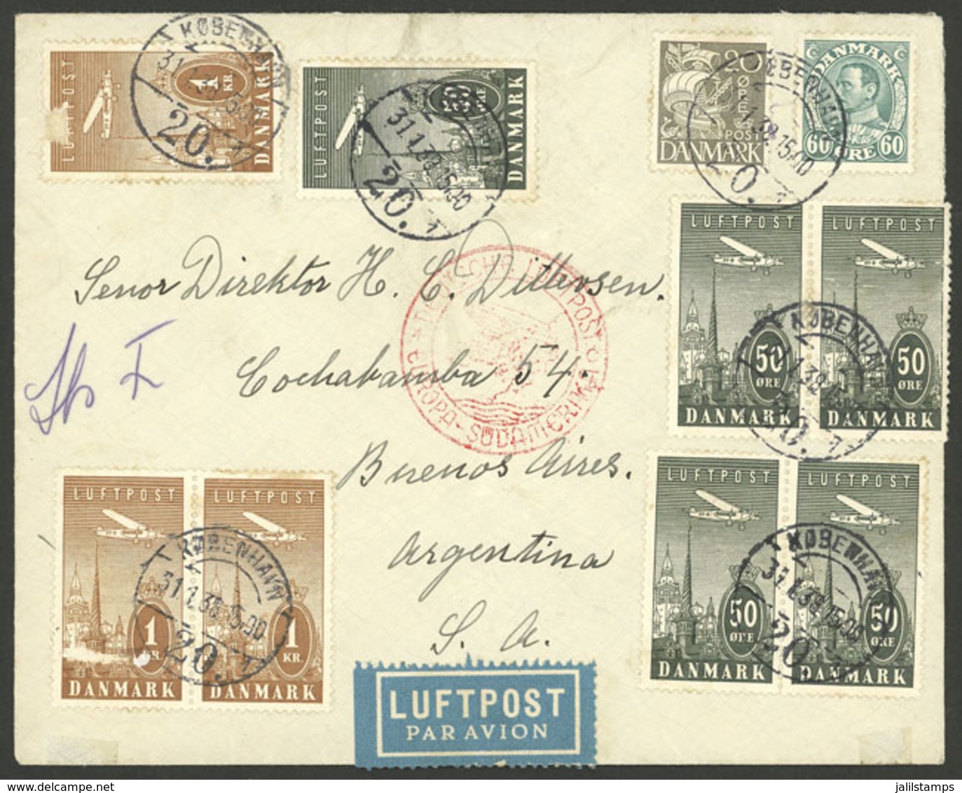 DENMARK: 31/JA/1938 Kobenhavn - Argentina, Airmail Cover Sent By German DLH Franked With 6.30Kr., And Buenos Aires Arriv - Briefe U. Dokumente