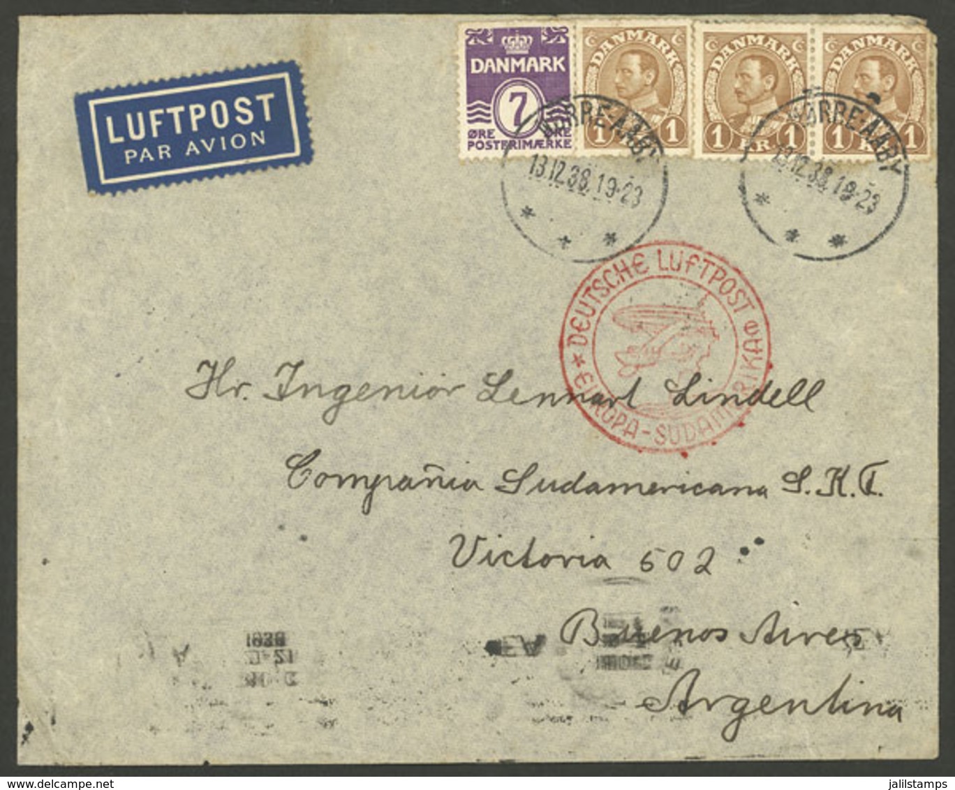 DENMARK: 13/DE/1938 Norre - Argentina, Airmail Cover Sent Via German (DLH) Franked With 3.07Kr., With Frankfurt Transit  - Briefe U. Dokumente