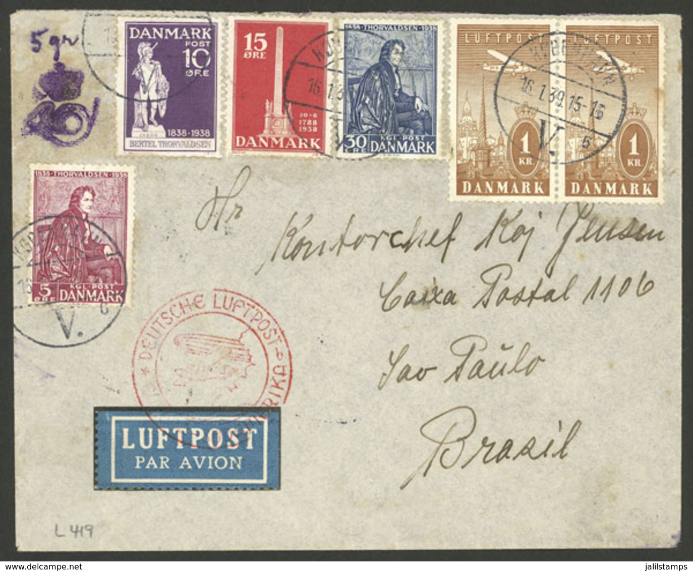 DENMARK: 16/JA/1939 Kobenhavn - Brazil, Airmail Cover Sent By German DLH Franked With 2.60Kr., Transit Backstamp Of Fran - Briefe U. Dokumente