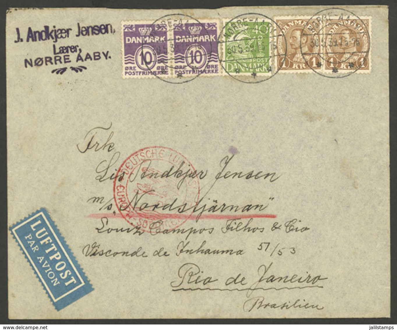 DENMARK: 30/MAY/1939 Norre - Rio De Janeiro, Airmail Cover Sent Via German (DLH) Franked With 2.60Kr., With Berlin Trans - Briefe U. Dokumente