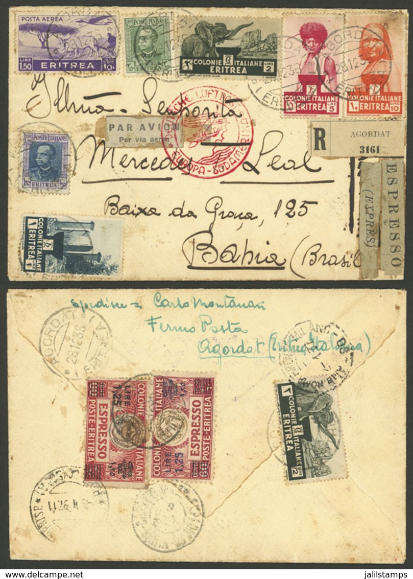 ERITREA: 28/DE/1936 Agordat - Brazil, Registered And Express Airmail Cover With Spectacular Multicolor Postage On Front  - Eritrea