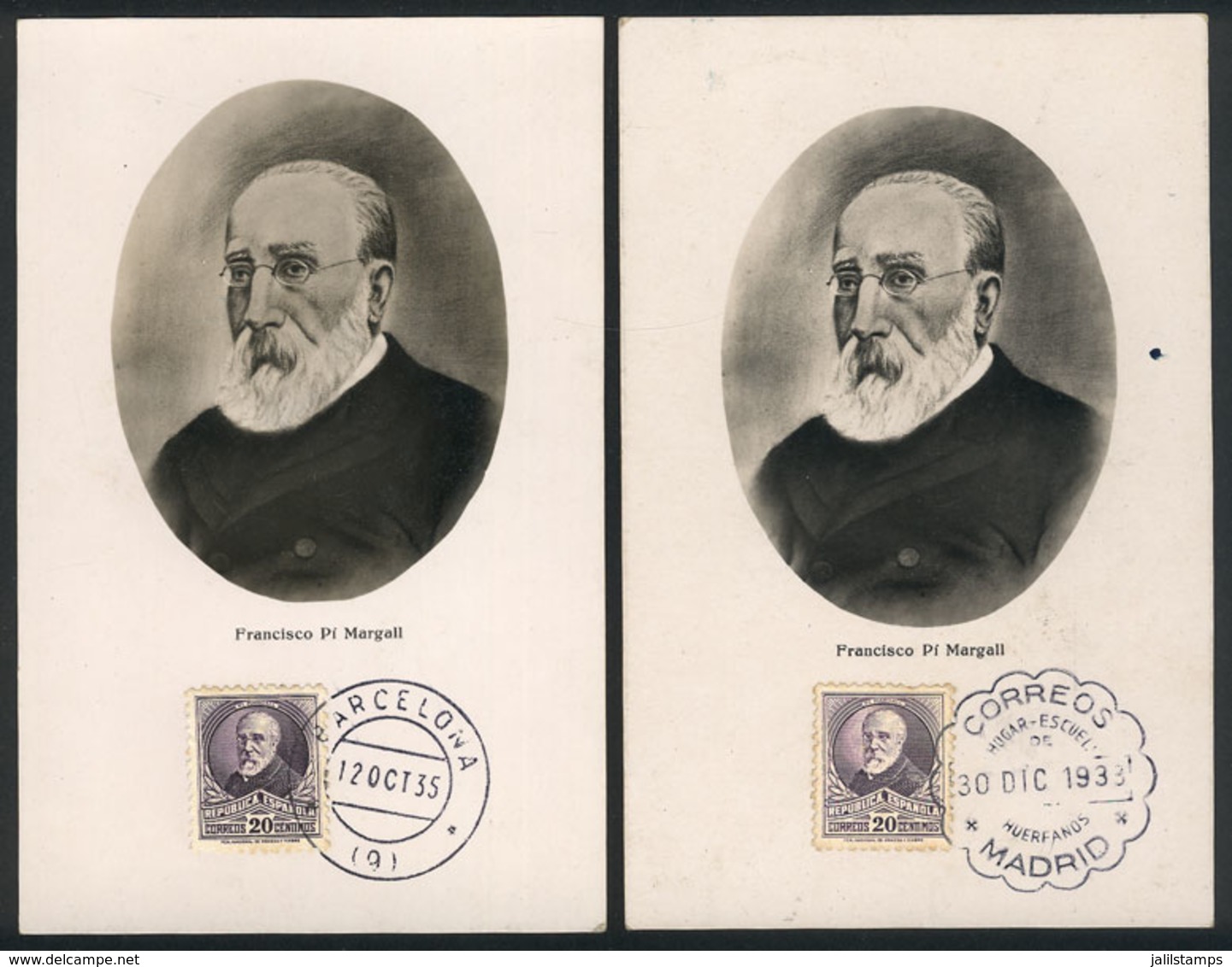 SPAIN: 2 Maximum Cards Of 1933 And 1935, Francisco PI MARGALL, Politician And Writer, VF - Maximumkarten