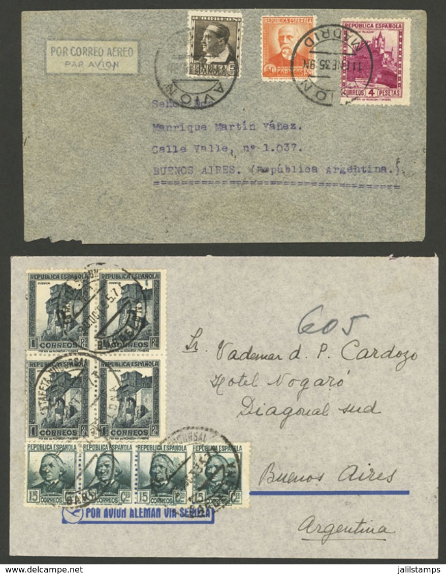 SPAIN: 11/JA And 30/OC/1935 Madrid And Barcelona To Argentina, Couple Of Airmail Covers Franked With 4.55 And 4.60Ptas., - Briefe U. Dokumente