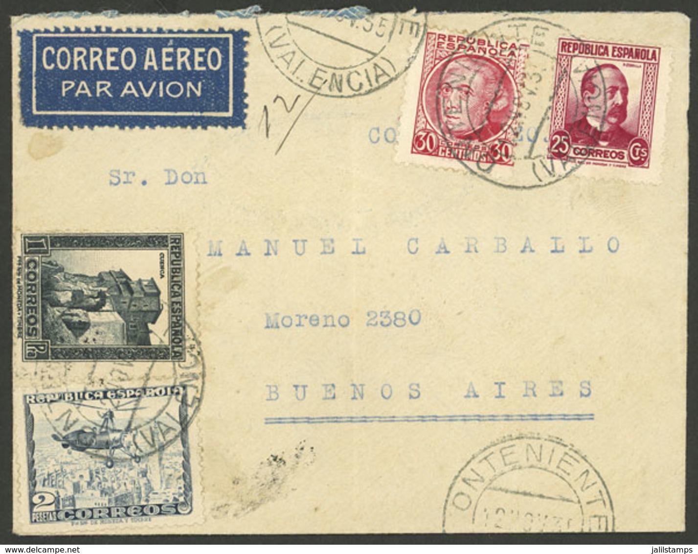 SPAIN: 12/NO/1935 Onteniente (Valencia) - Argentina, Airmail Cover Flown By DLH From Sevilla To Natal And From There To  - Briefe U. Dokumente