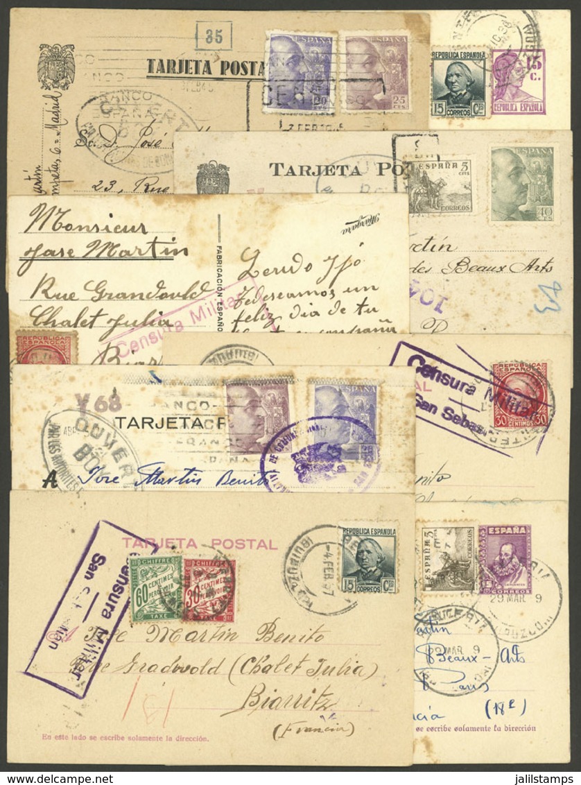 SPAIN: 1936/45 8 Cards (some Are Postal Stationeries) Sent To France, There Is A Nice Range Of Cancels And CENSOR MARKS! - Briefe U. Dokumente