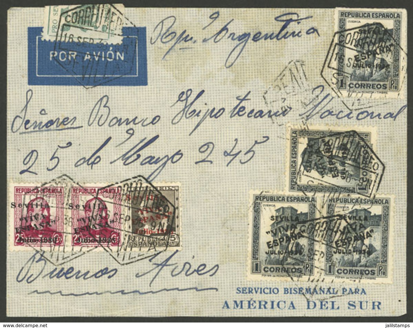 SPAIN: 16/SE/1939 Sevilla - Argentina, Airmail Cover With Very Nice Postage Overprinted "SEVILLA - VIVA ESPAÑA - JULIO 1 - Covers & Documents