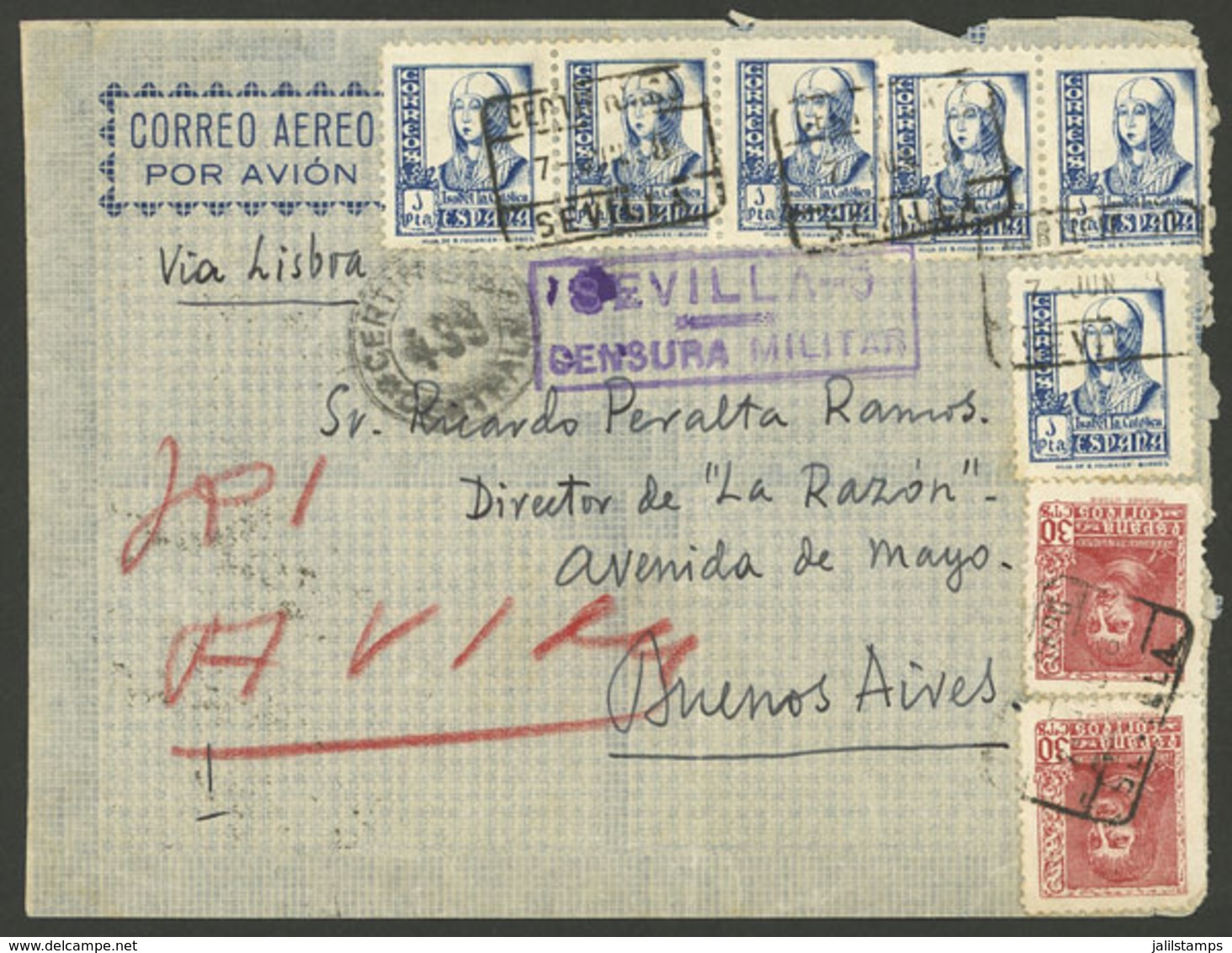 SPAIN: 7/JUN/1938 Sevilla - Argentina, Airmail Cover Sent By DLH Franked With 6.60Ptas., Censored, With Transit And Arri - Briefe U. Dokumente