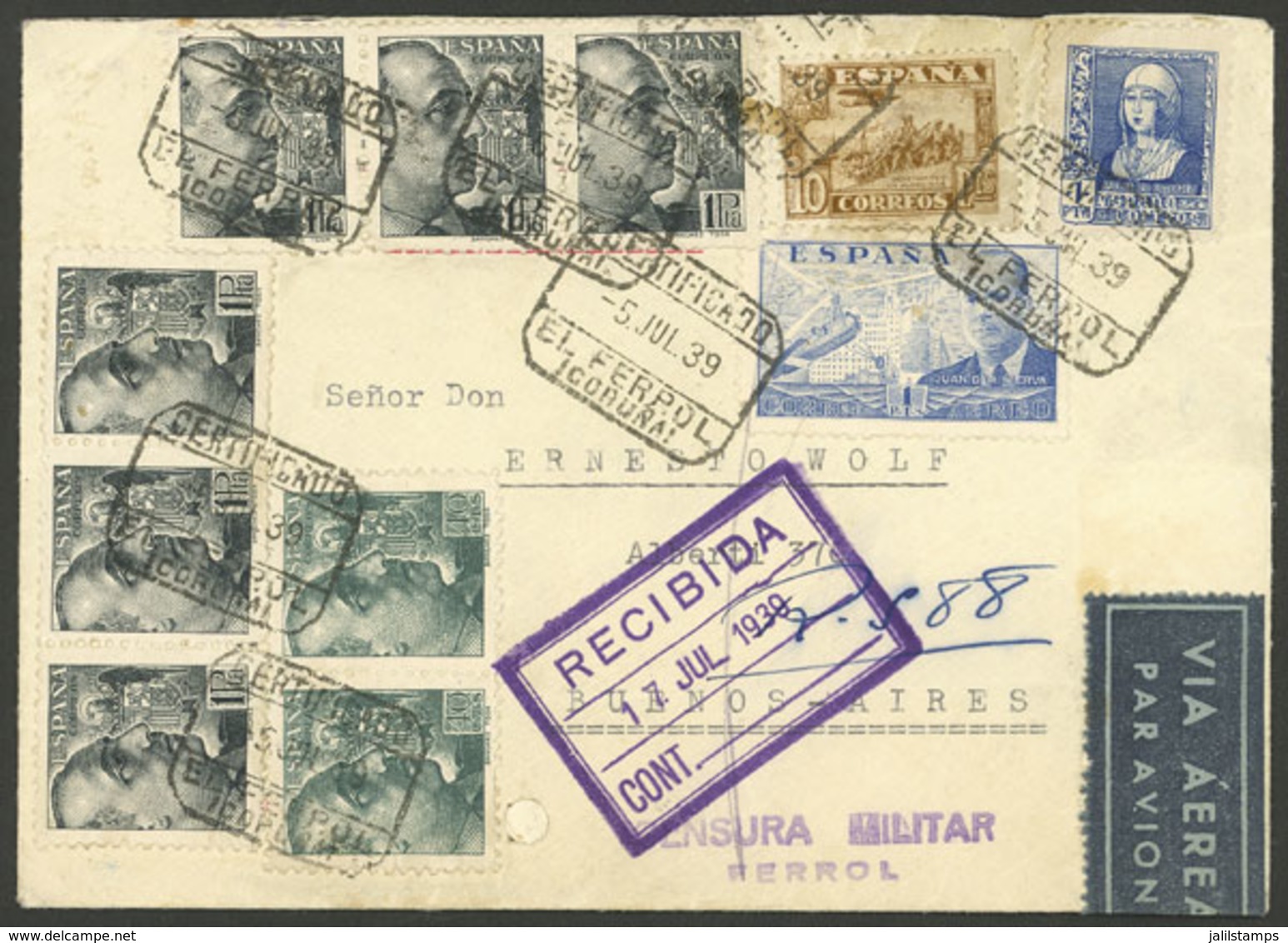 SPAIN: 5/JUL/1939 El Ferrol - Argentina, Registered Airmail Cover Flown By DLH, With Spectacular Postage Of 18.80Ptas.,  - Briefe U. Dokumente