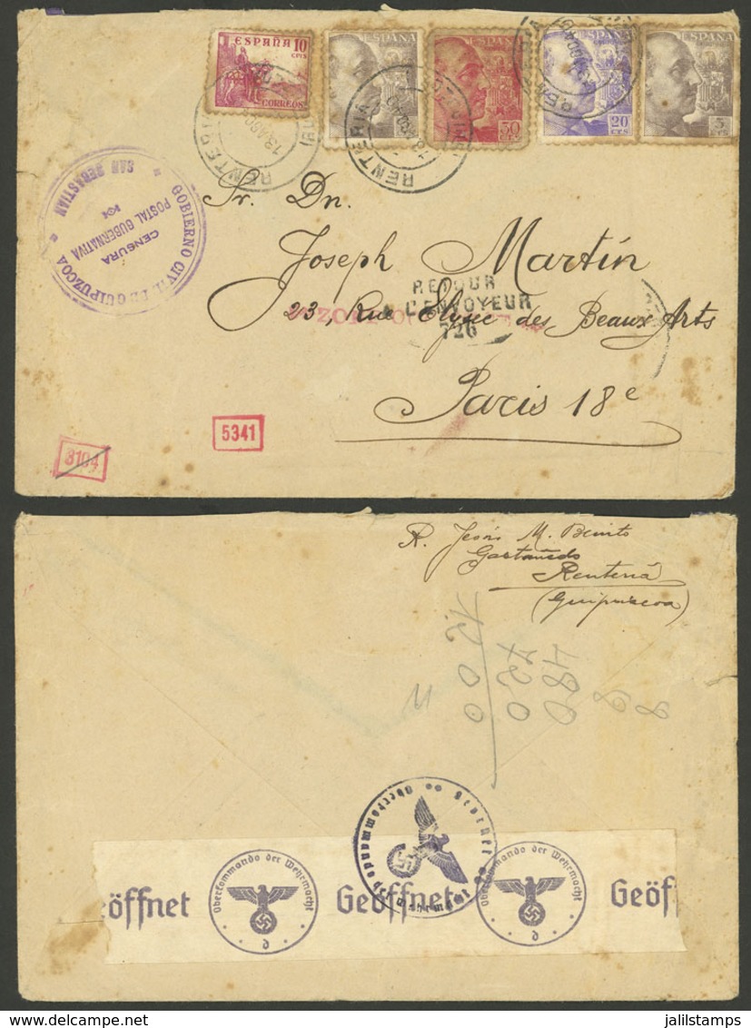 SPAIN: 13/AU/1940 Renteria (Guipúzcoa) - Paris, Cover With Nice Multicolor Postage (total 70c.), With Marks: "ZONE OCUPE - Briefe U. Dokumente