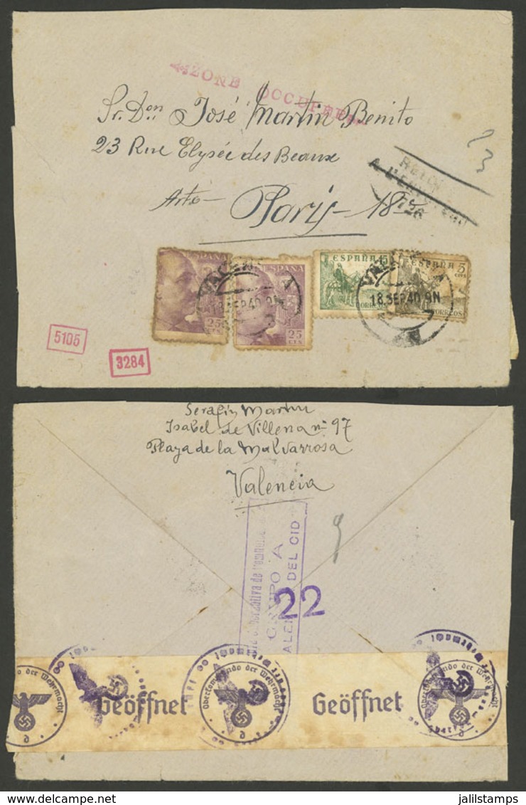 SPAIN: 18/SE/1940 Playa De La Malvarrosa (Valencia) - Paris, Cover Franked With 70c., With Marks: "ZONE OCUPEE" And "RET - Briefe U. Dokumente