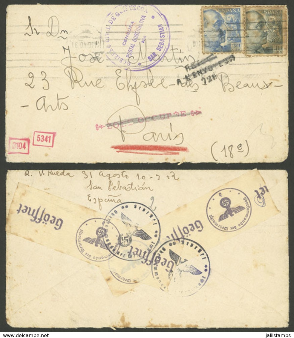 SPAIN: 24/SE/1940 San Sebastián - Paris, Cover Franked With 70c., With Marks: "ZONE OCUPEE" And "RETOUR A L'ENVOYEUR", B - Briefe U. Dokumente