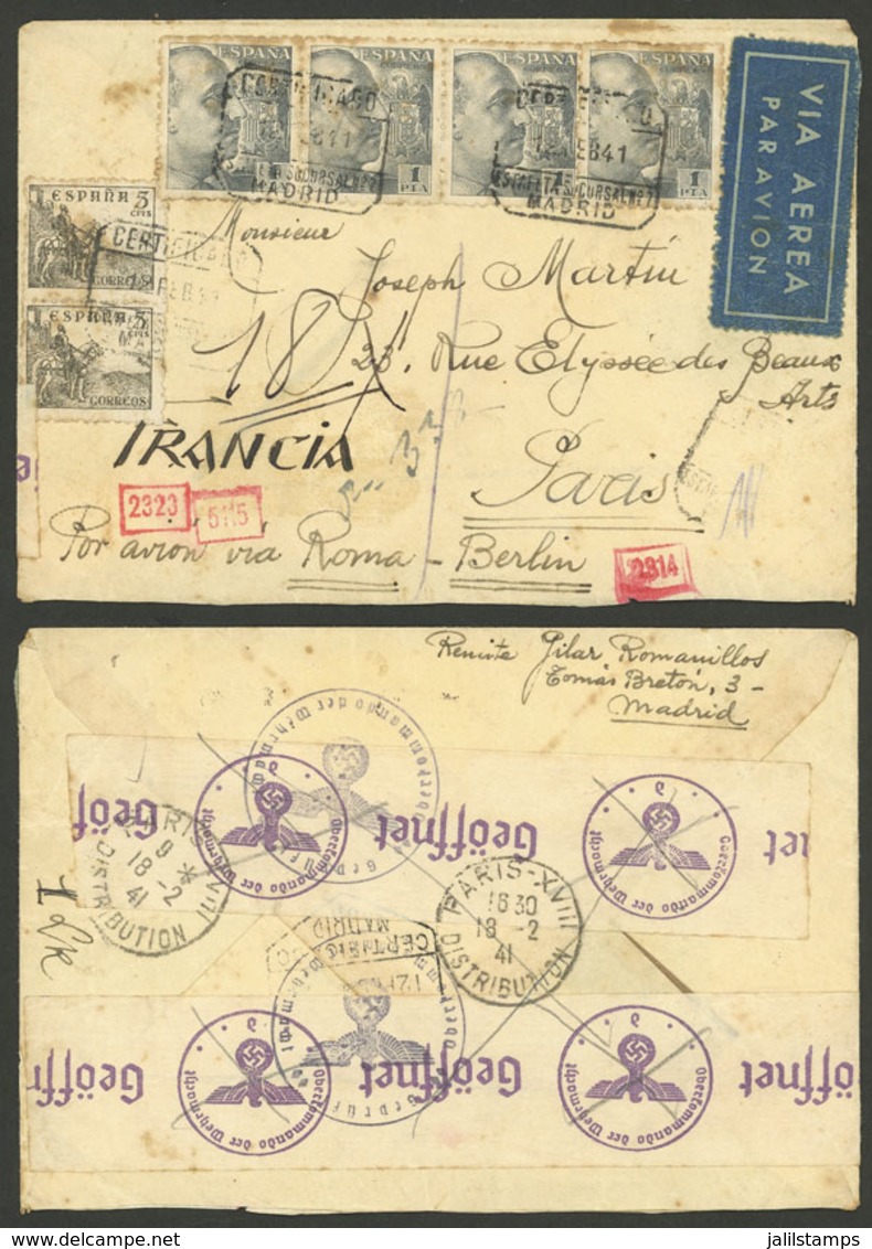 SPAIN: 12/FE/1941 Madrid - Paris, Airmail Cover "via Roma - Berlin", With Nazi Censor Marks And Labels, Very Attractive! - Cartas & Documentos