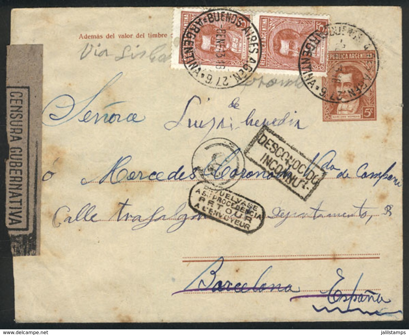 SPAIN: Cover Sent From Argentina To Barcelona On 8/JA/1943 And RETURNED To Sender With Interesting Postal Marks On Front - Briefe U. Dokumente