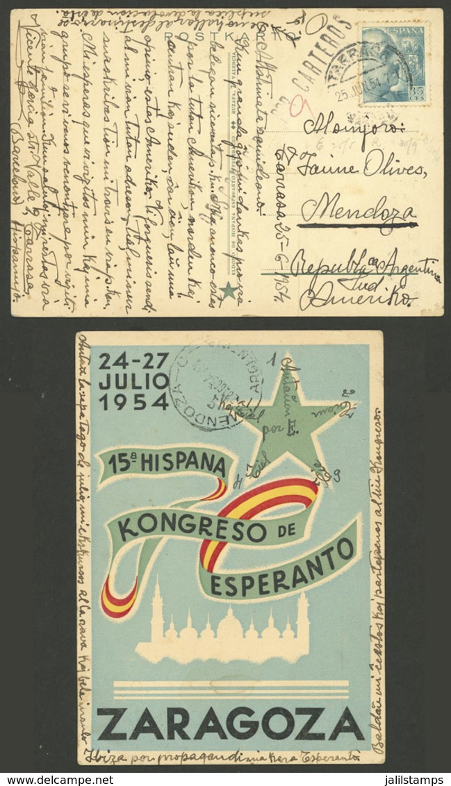 SPAIN: Spectacular Postcard Of The 15th ESPERANTO Congress Held In Zaragoza, Sent To Mendoza (Argentina) On 25/JUN/1954, - Briefe U. Dokumente