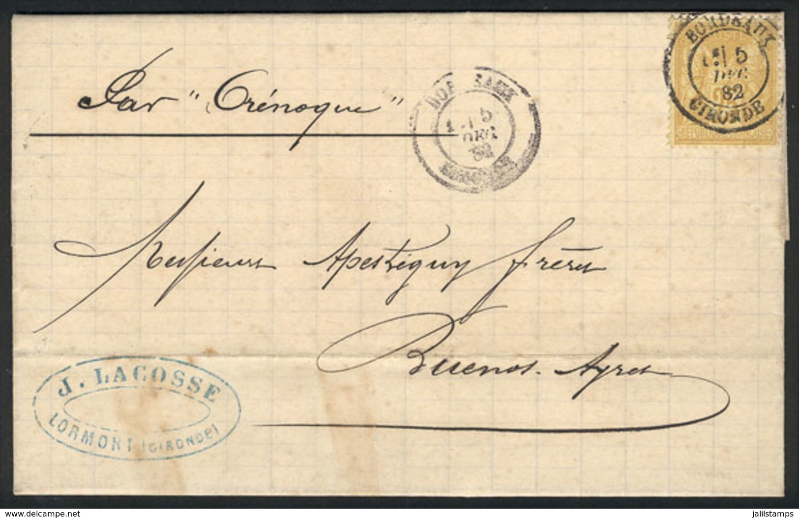 FRANCE: Entire Letter Sent From Lormont To Buenos Aires On 5/DE/1882 By Steamer 'Orenoque', Franked With 25c., VF Qualit - Sonstige & Ohne Zuordnung