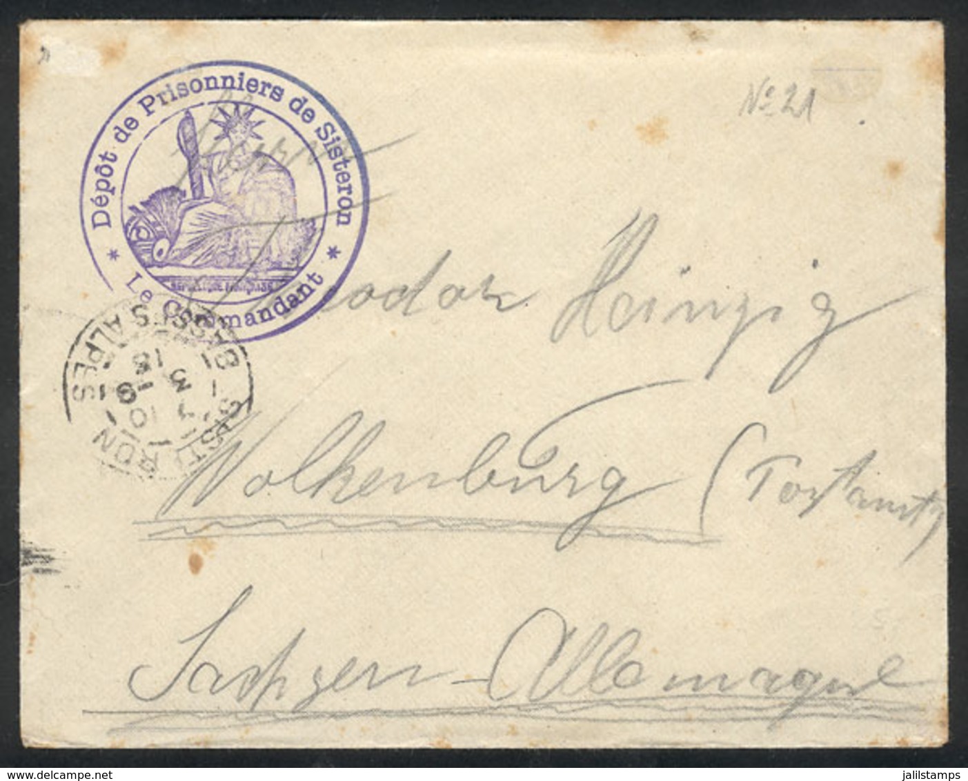 FRANCE: Cover With Free Frank For Prisoners Of War Sent From Sisteron To Germany On 3/SE/1915, With Violet Mark "Depot D - Sonstige & Ohne Zuordnung