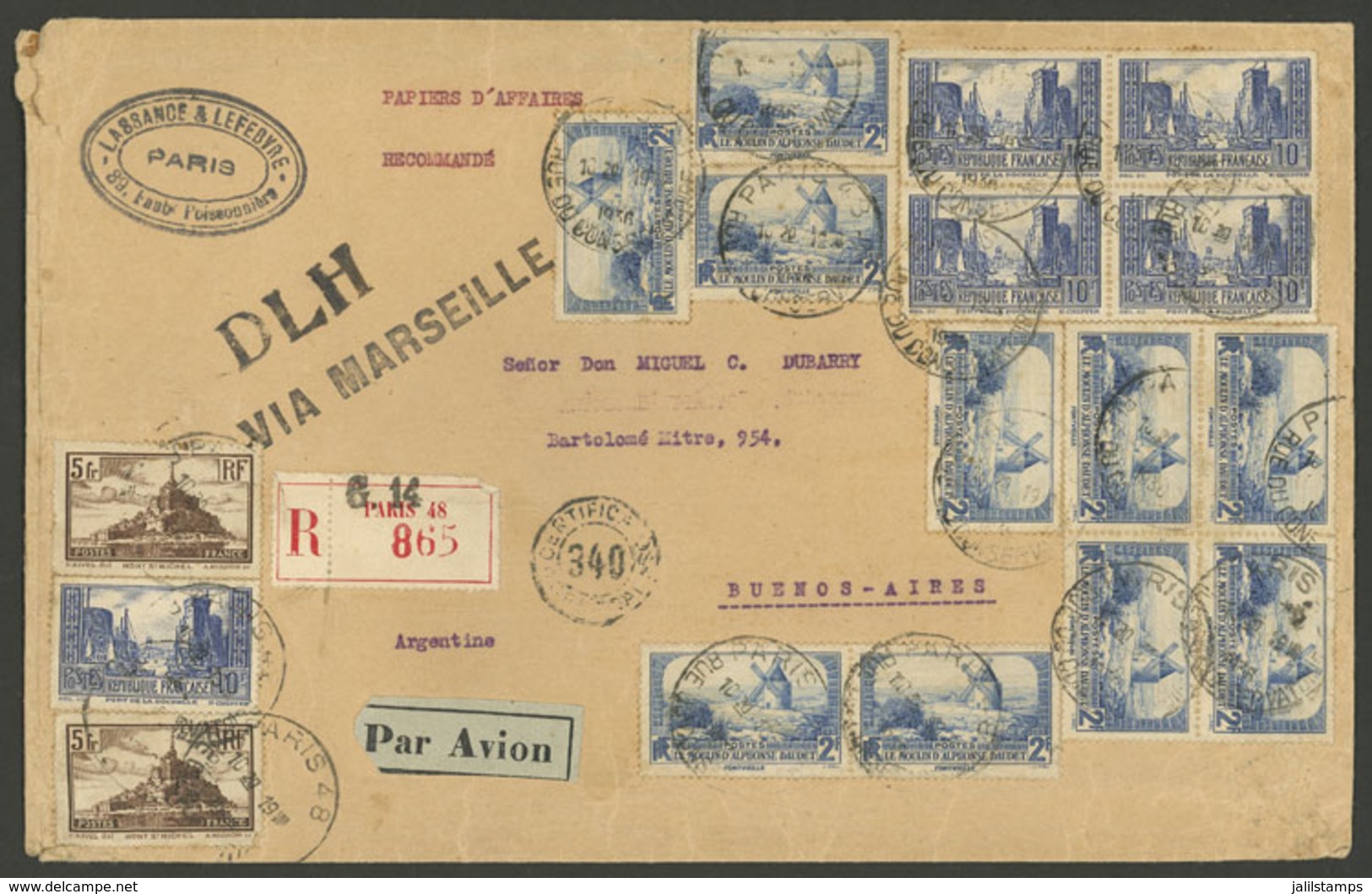 FRANCE: COMMERCIAL PAPERS AND LARGE POSTAGE: Registered Airmail Cover Franked With 80Fr. Sent From Paris To Argentina On - Sonstige & Ohne Zuordnung