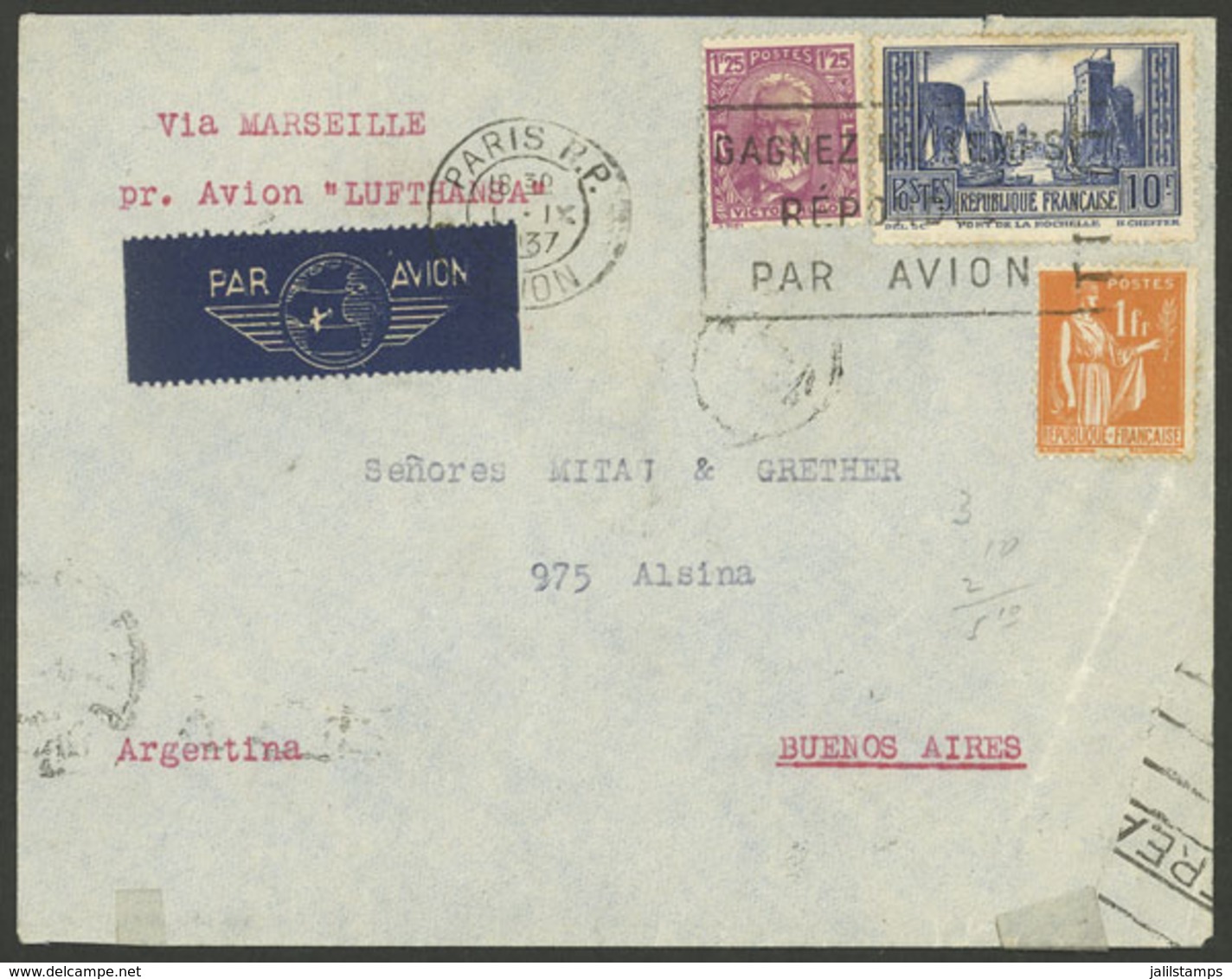 FRANCE: Airmail Cover Flown From Paris To Argentina On 1/SE/1937 "via Marseille Per Lufthansa Airplane", On Back Arrival - Sonstige & Ohne Zuordnung