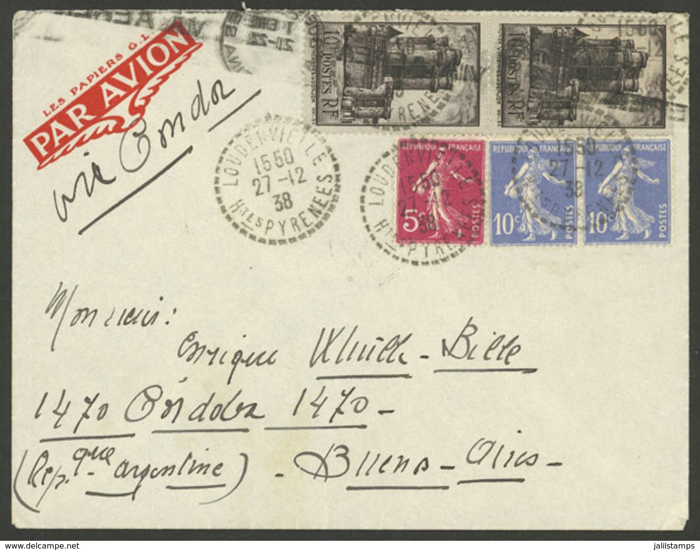 FRANCE: 27/DE/1938 Loudenvielle - Argentina, Airmail Cover Franked With 20.25Fr., Arrival Backstamp Of Buenos Aires 1/JA - Sonstige & Ohne Zuordnung