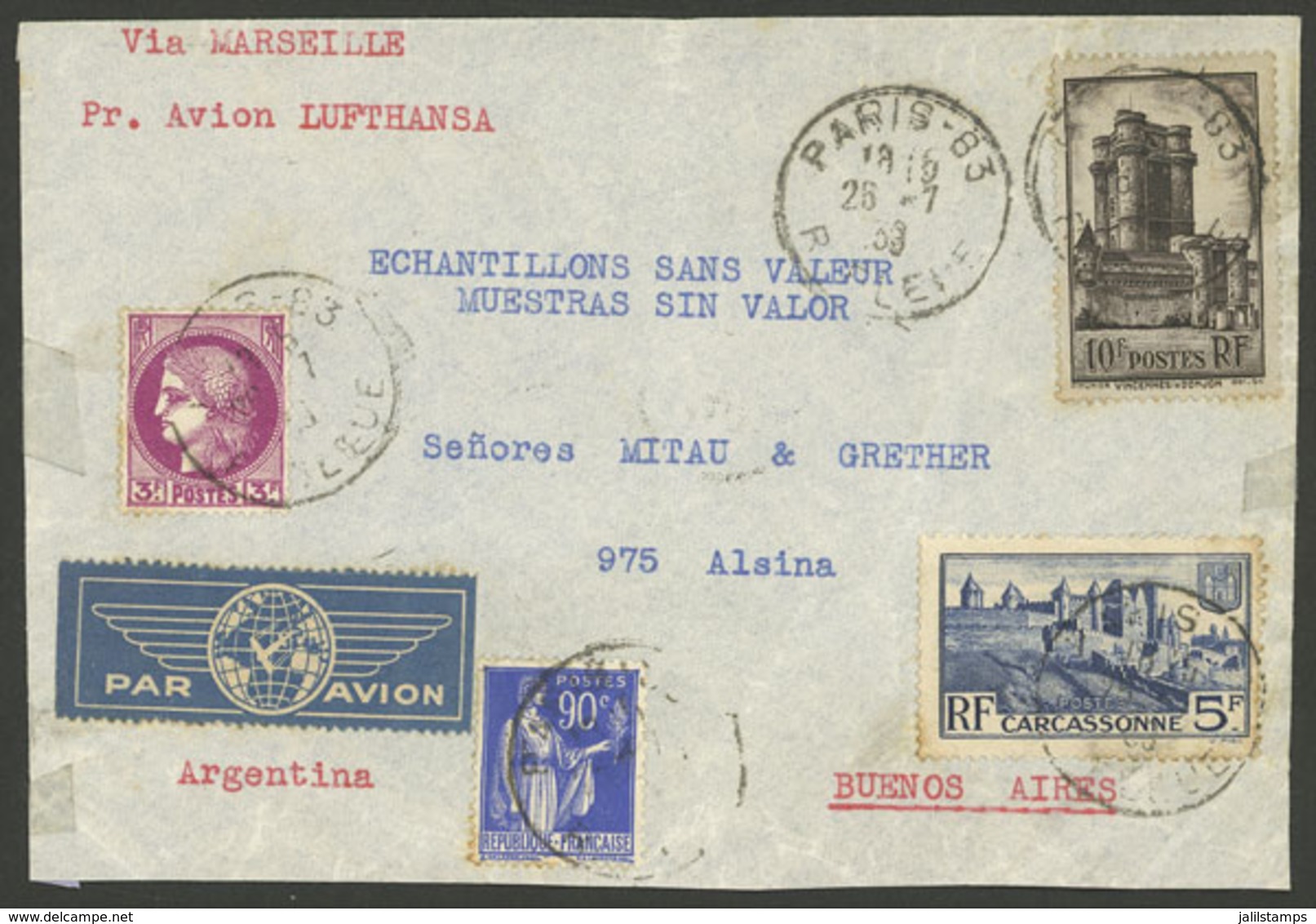 FRANCE: SAMPLES WITHOUT VALUE:  26/JUL/1939 Paris - Argentina, Airmail Cover Sent By DLH Franked With 18.90Fr., With Arr - Sonstige & Ohne Zuordnung