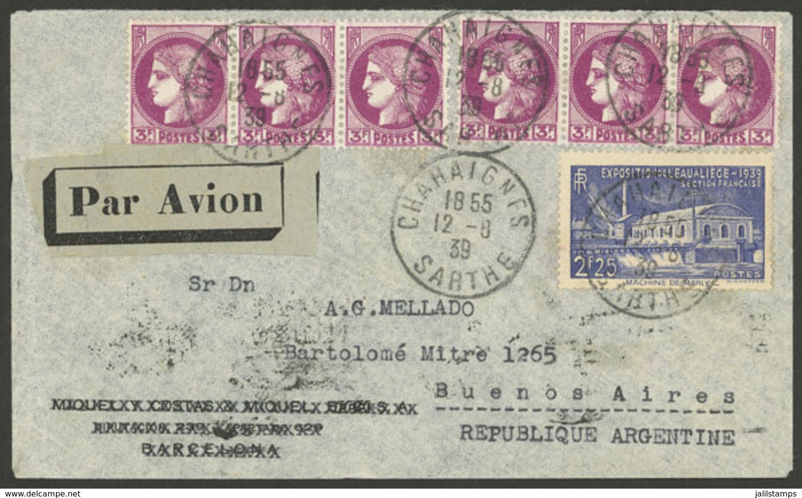FRANCE: 12/AU/1939 Chahaignes - Argentina, Airmail Cover Franked With 20.25Fr., Flown From Marseille To Natal By DLH And - Sonstige & Ohne Zuordnung